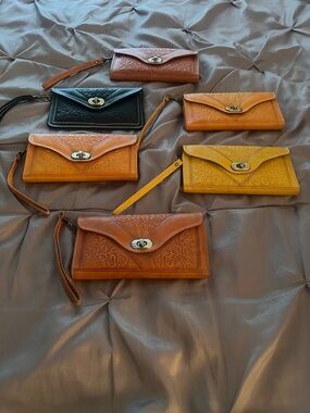 Tooled Leather Wristlet Clutch in Tan and Yellow - Classic Floral Design